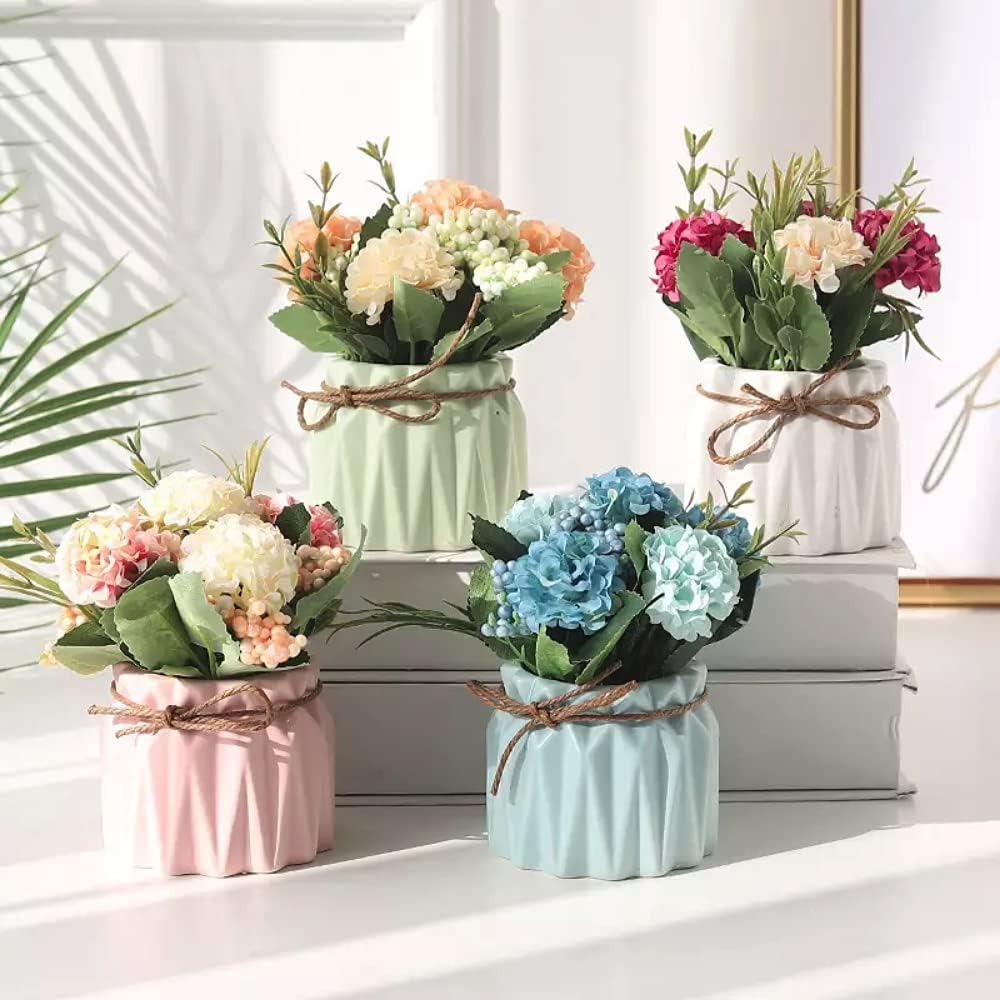 Fake Hydrangeas with Pot, Mini Hydrangea Artificial Flowers Artificial Plant in Ceramic Vase Desktop Decorations