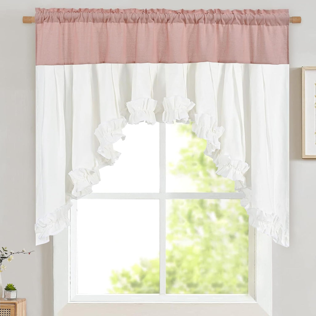 Pink and White linen ruffle swag valance 60W x 36L - Casa Home Living