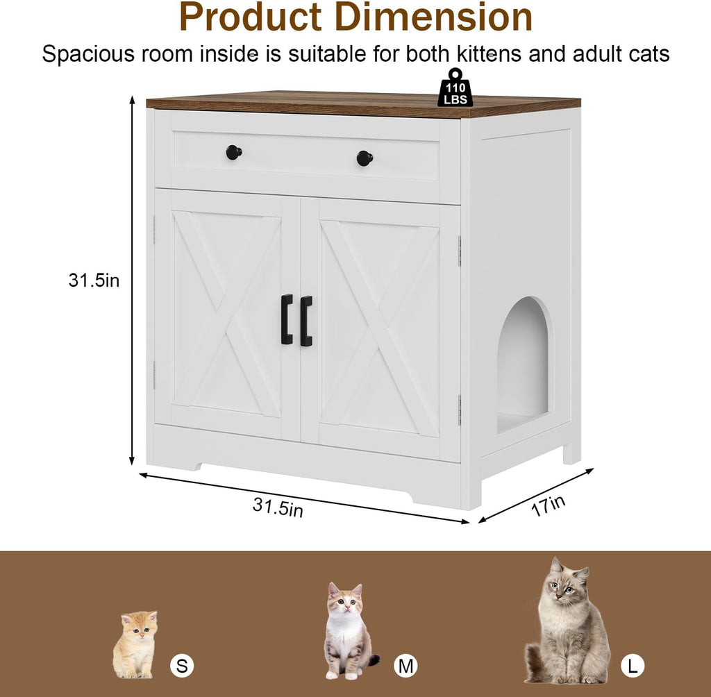 Cat Litter Box Enclosure with Storage Drawers, White