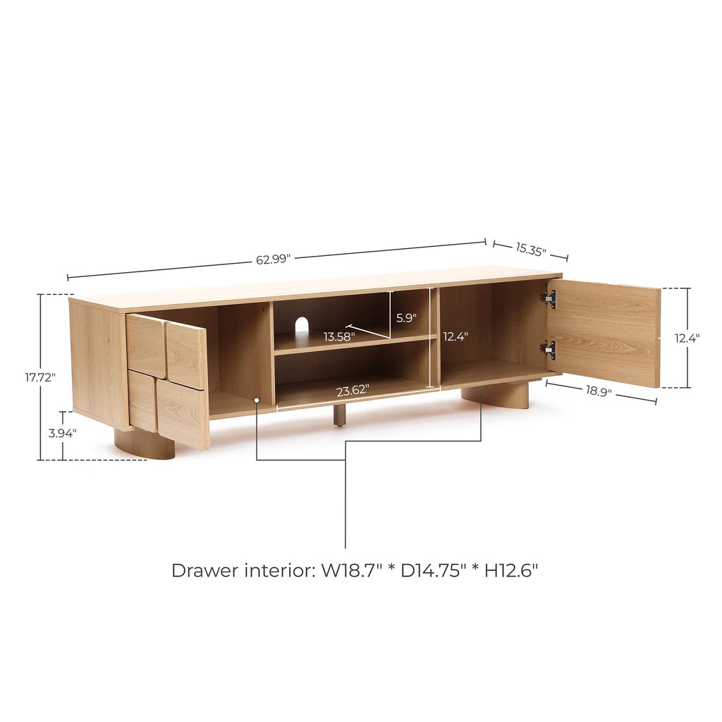 Japandi TV Console Stand 63" 3D Textured Doors Credenza