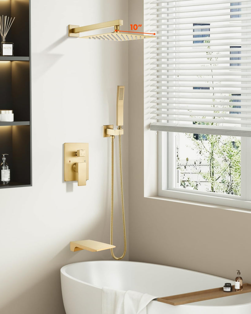Tub Shower Faucet Set with Valve 10'' Rain Head,Brushed Gold