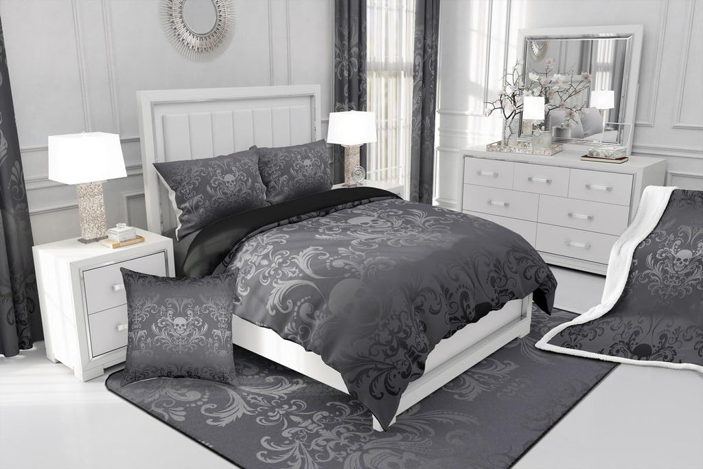 Adults Black Damask Bedding Set Antique Victorian Baroque Duvet Cover King Size, Gothic Vintage Floral Comforter Cover