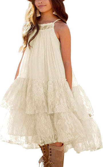 Girls Lace Tulle Dress Halter Boho Flower Girl Ruffle Party Dress