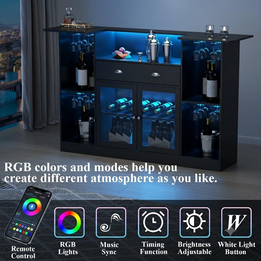 63" Coffee Bar Cabinet with Storage, Black Wine Cabinet with LED Lights | Bar Table with Storage Drawer & Glass