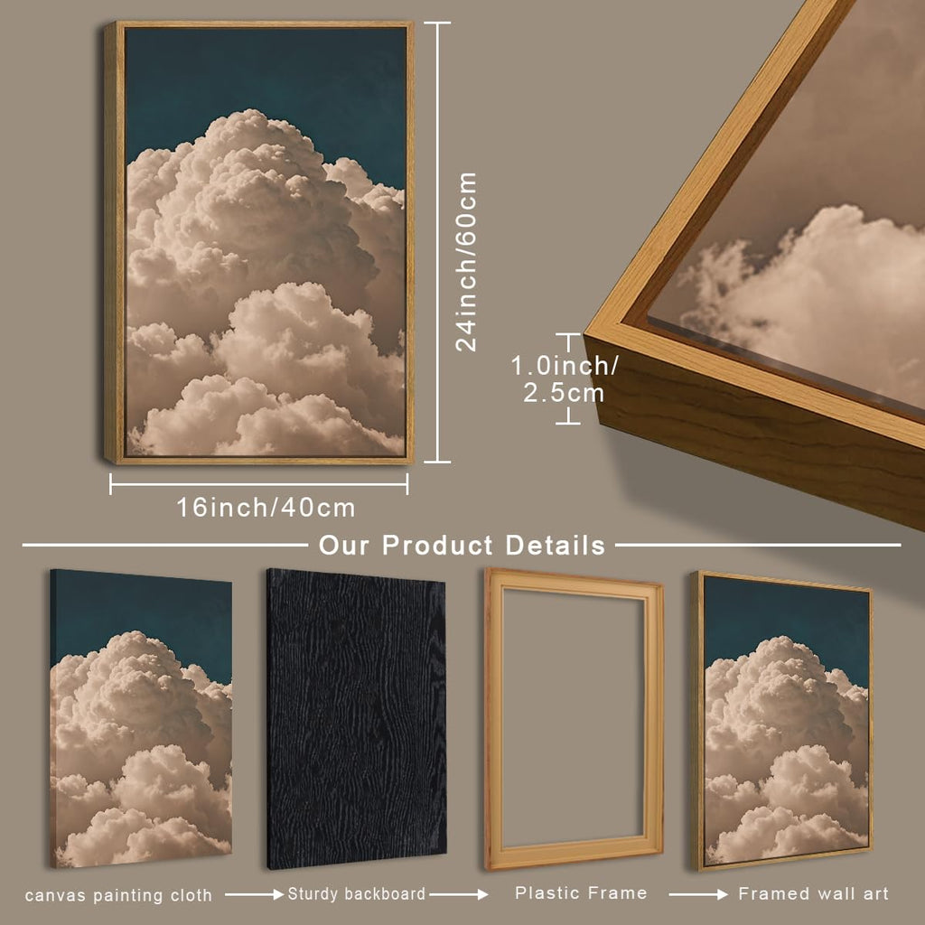 Large Framed Cloud Blue Wall Art 16x24 Inch Navy Cloud Canvas Painting Modern Abstract Sky Landscape Wall Decor