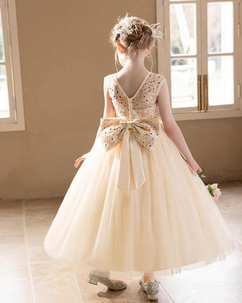 Sequin Tulle Dress Formal Pageant Sparkly Birthday Party Wedding Guest Ball Gown Dresses with Bow