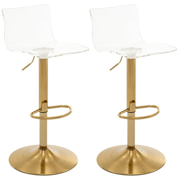 Acrylic Bar Stools with Mid Back Set of 2 Adjustable Swivel Clear Gold Base