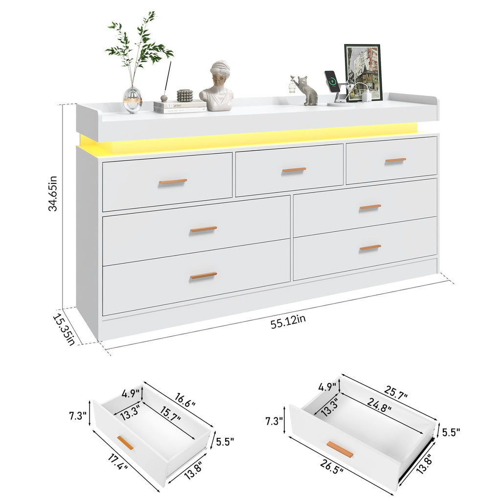 7 Drawer Dresser with Charging Station and LED Lights, Modern Chest of Drawers with Power Outlet, Organizer Cabinet
