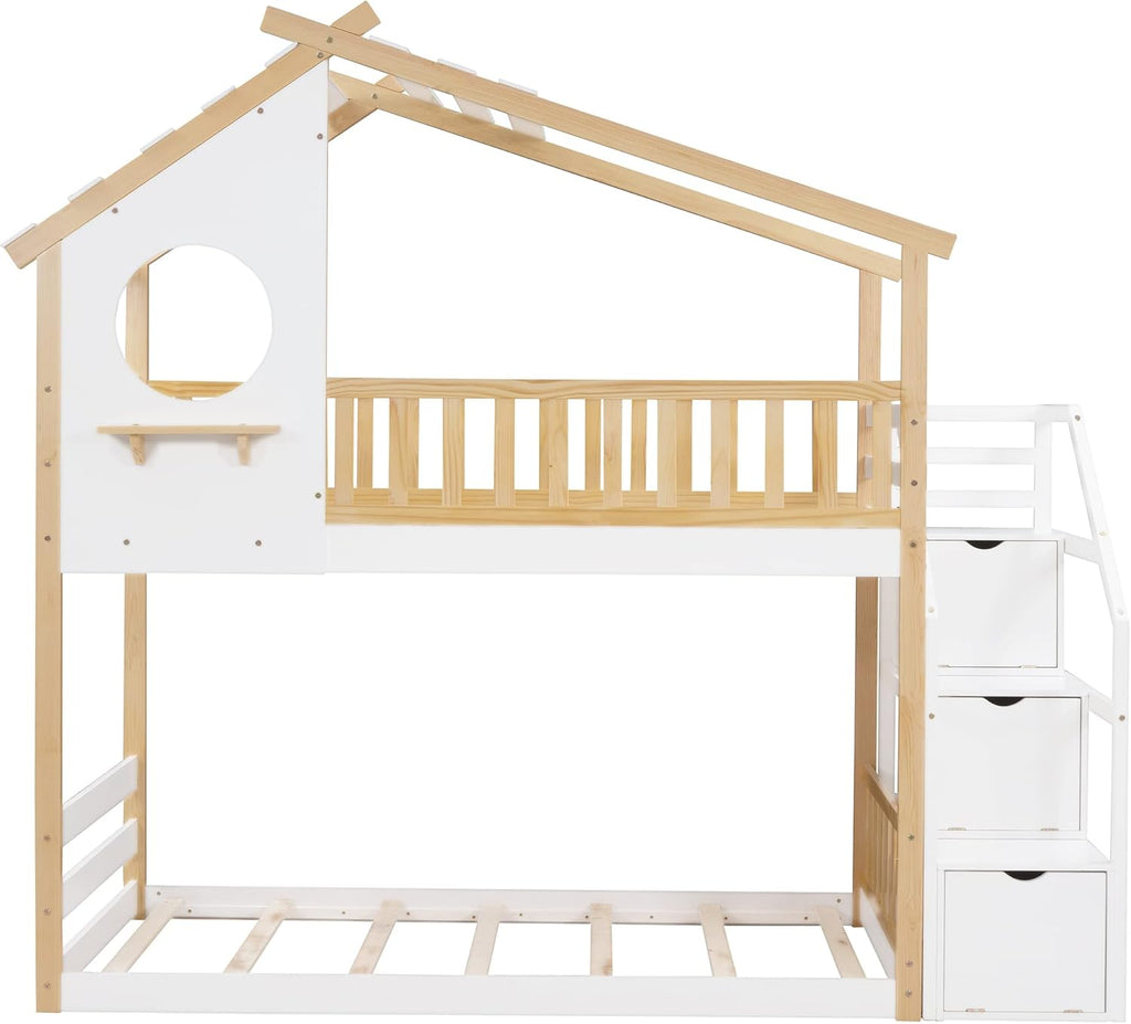 Twin Over Twin Bunk Bed with Stairs, Stairway House Bunk Bed Frame with Storage and Guard Rail for Kids Girls Boys
