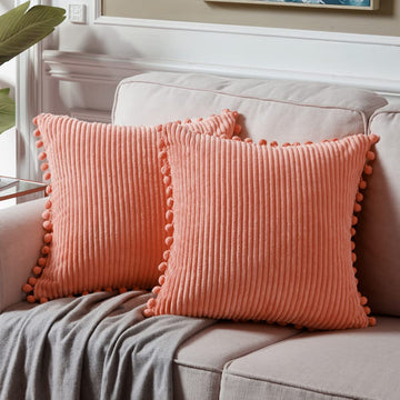 Coral 26x26 Pillow Covers Set of 2, Euro Pillow Covers with Pom-poms, Big Throw Pillow Covers for Couch Bedroom 66x66