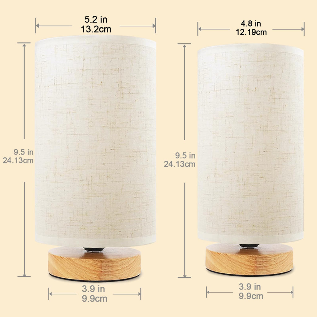 Small Bedside Table Lamp set of 2, Minimalist Wood Base & Round Fabric Shade, Mini Cute Cozy Warm Nightstand Boho Lamp