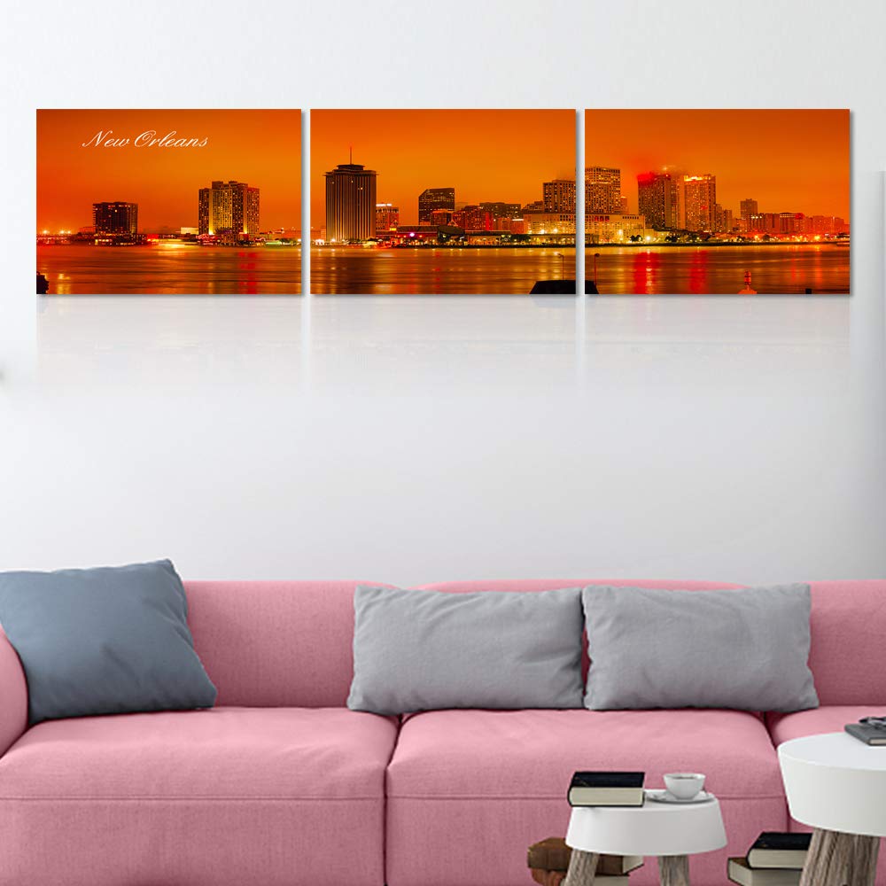 Orleans Skyline Canvas Wall Mississippi River Night Landscape Pictures Poster 3 Pieces Stretched and Framed Ready