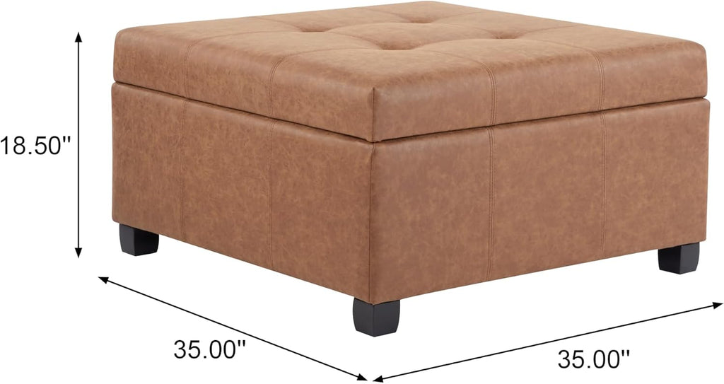 Lorel Faux Leather Square Storage Ottoman Coffee Table, Wooden Ottoman with Storage, Entryway Modern Ottoman Foot