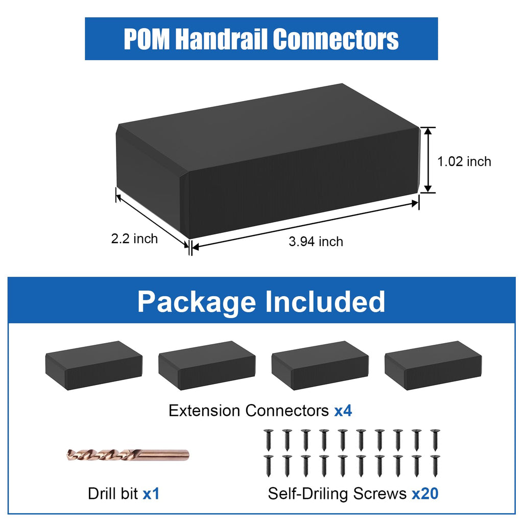 4 Pack Extension Connectors with Screws, Black Flat Handrail Accessories for Cable Railing Handrail, POM Handrail