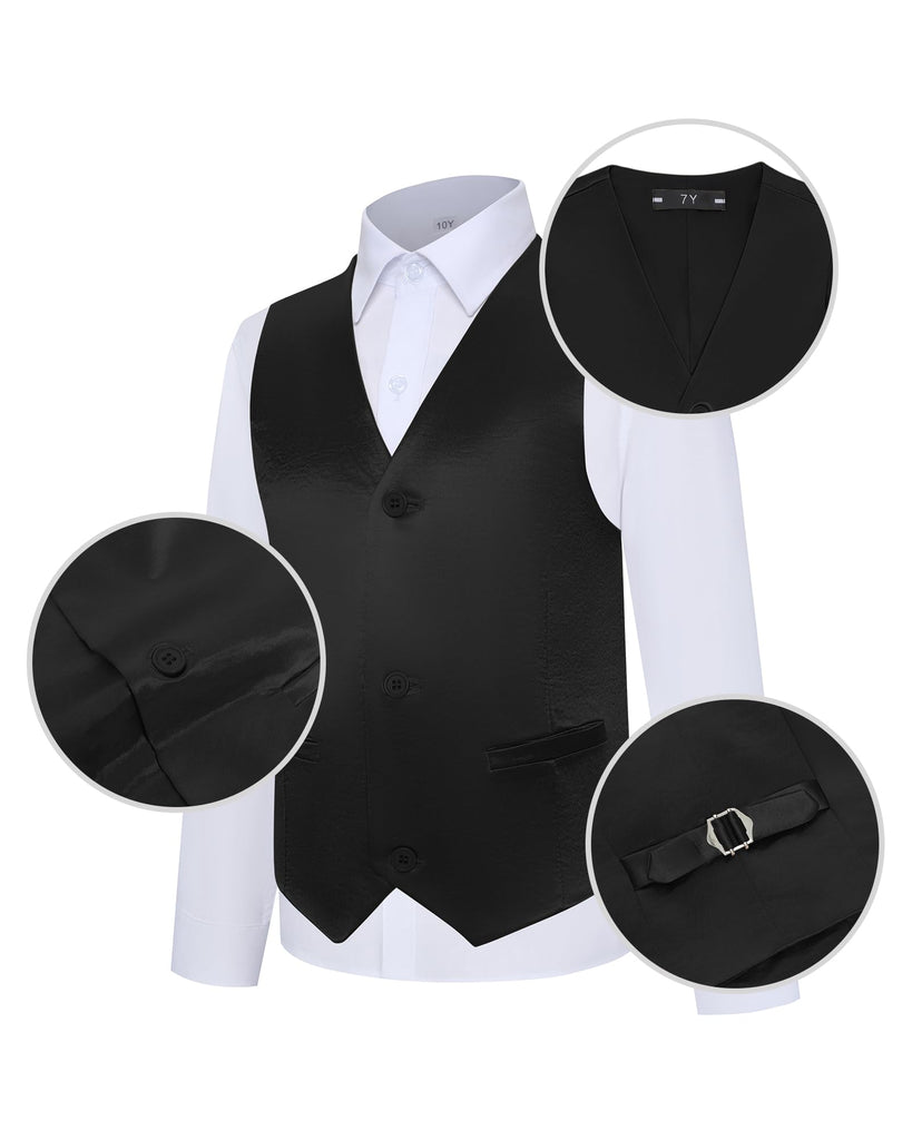 Toddler Boys Black Vest, Kids Satin Wedding Suit Vest Set with Bow Tie
