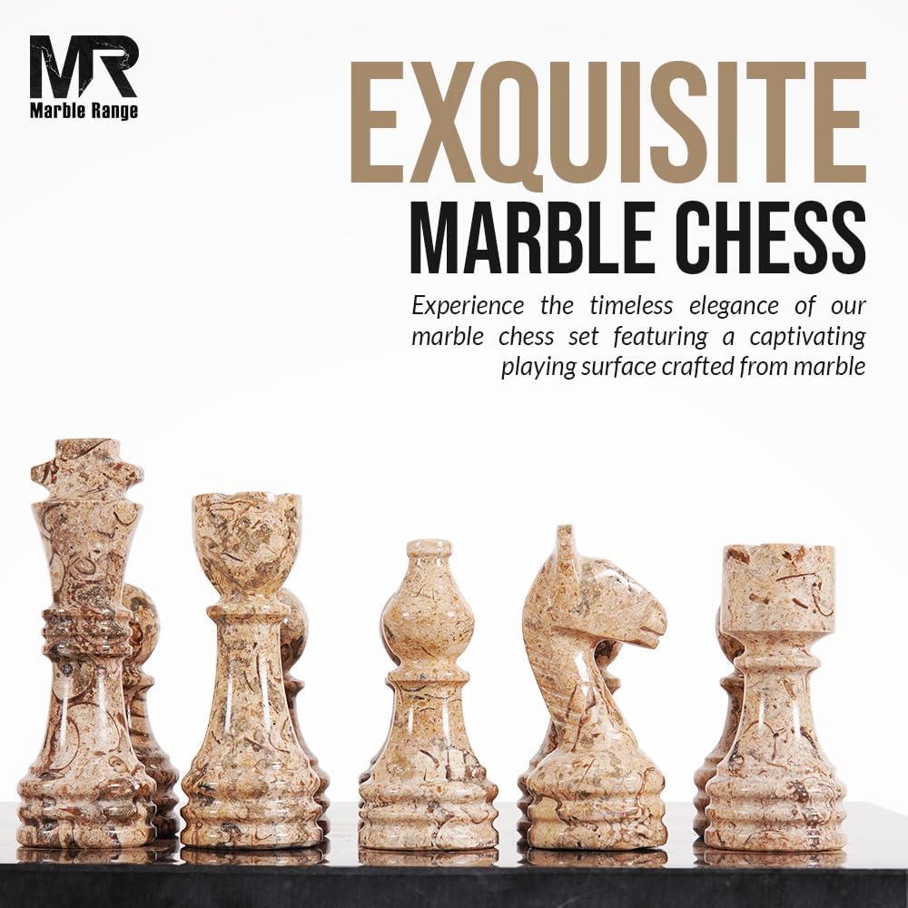 Marble Chess Set 15 Inch Black and Coral Handmade Board Game with Storage Box, Classic Travel Chess Set for Adults