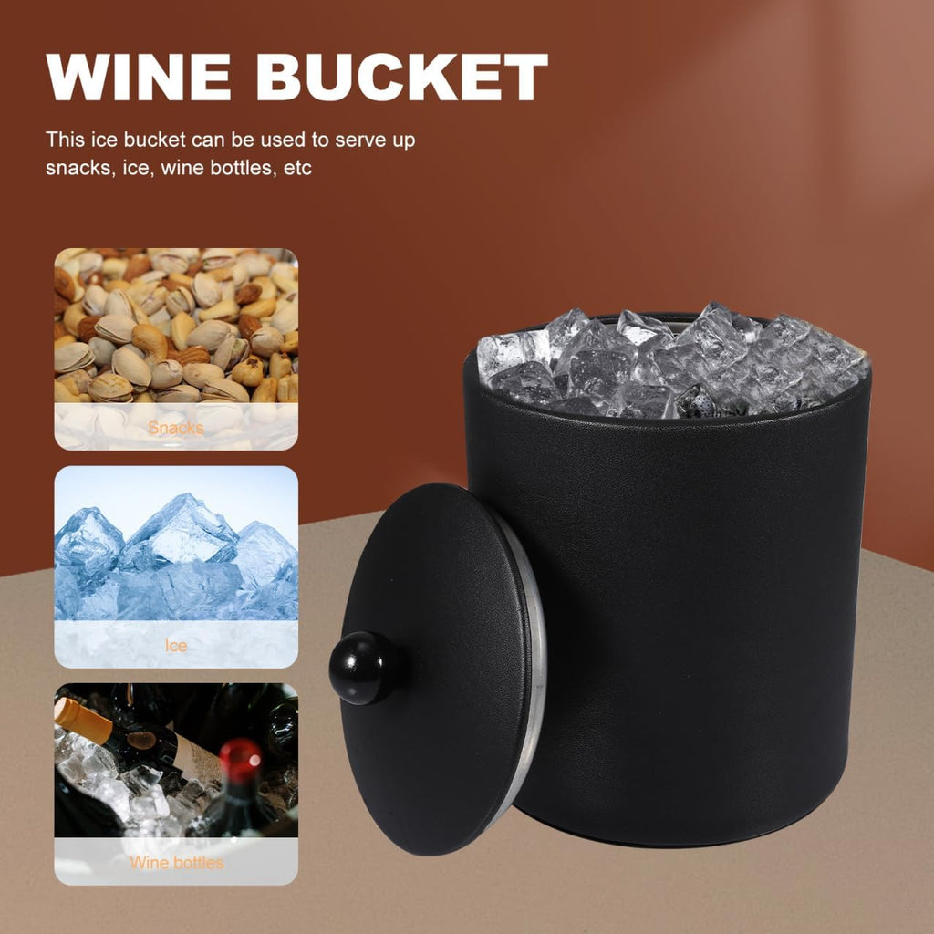 Ice Bucket with Lid & Tong - Insulated Stainless Steel Ice Bucket for Cocktail Bar & Parties - Black Double-Wall Wine