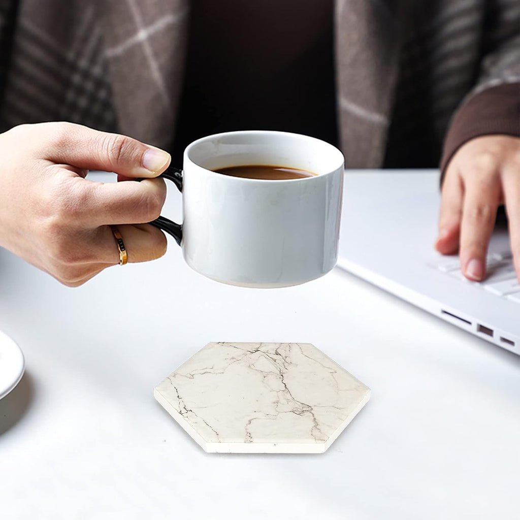 Cute Marble Absorbent Stone Coaster Set with Holder White Ceramic Coster - Set of 7