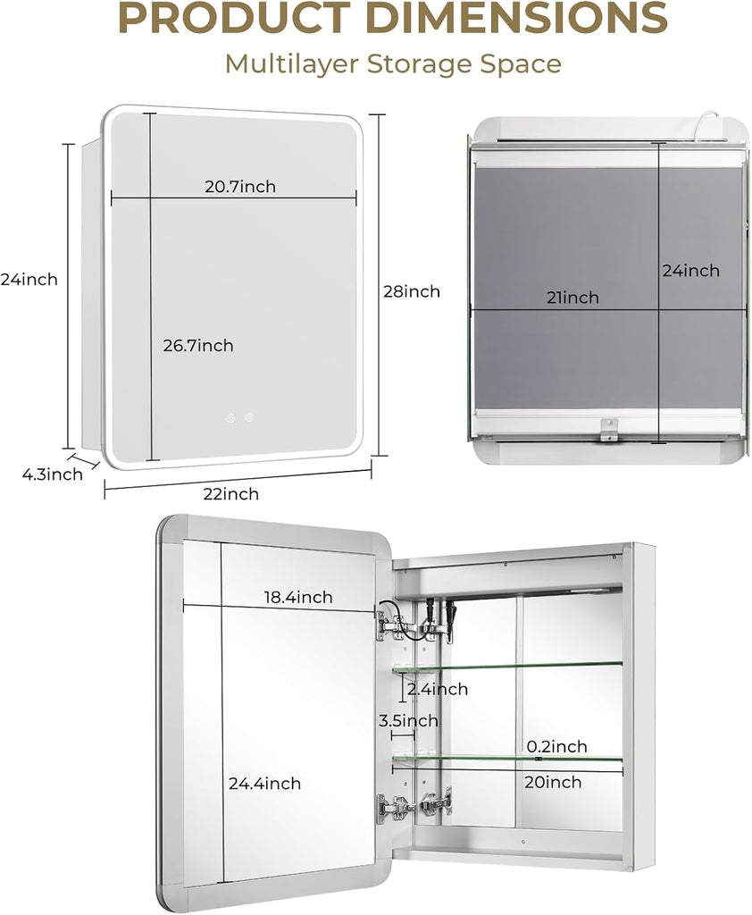 22 x 28 LED Bathroom Medicine Cabinet, Rounded Corner Aluminum Frame Lighted Mirror Cabinet with 3-Color Dimmable