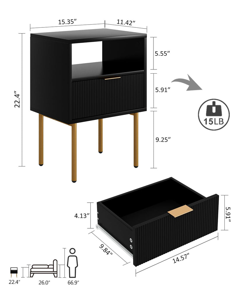 Nightstand, Mid-Century Modern Bedside Table with Storage Drawer and Open Wood Shelf, Small Gold Frame Side Table, Black
