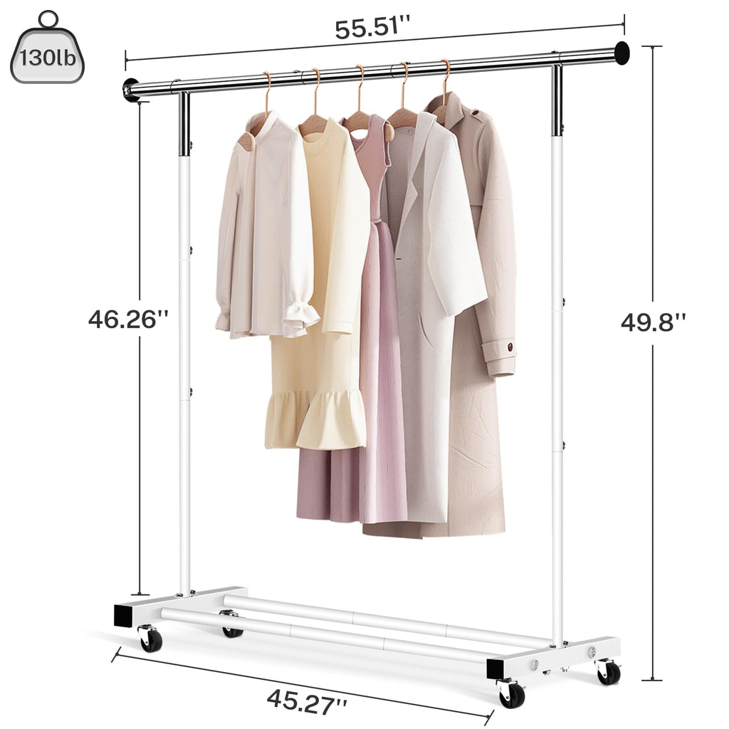 Clothing Rack, 55.51 Inch Heavy Duty Clothes Rack Rolling Garment Rack with Wheels and Bottom Shelf, 130LB Capacity