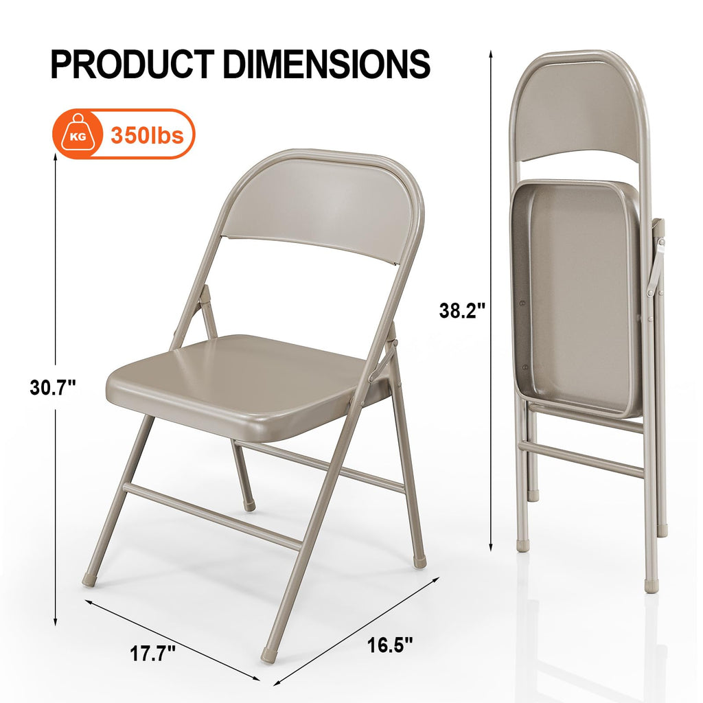 Folding Chairs All Steel Metal Frame, Capacity 350 lbs, Durable Portable and Versatile for Indoor Outdoor Use, Khaki