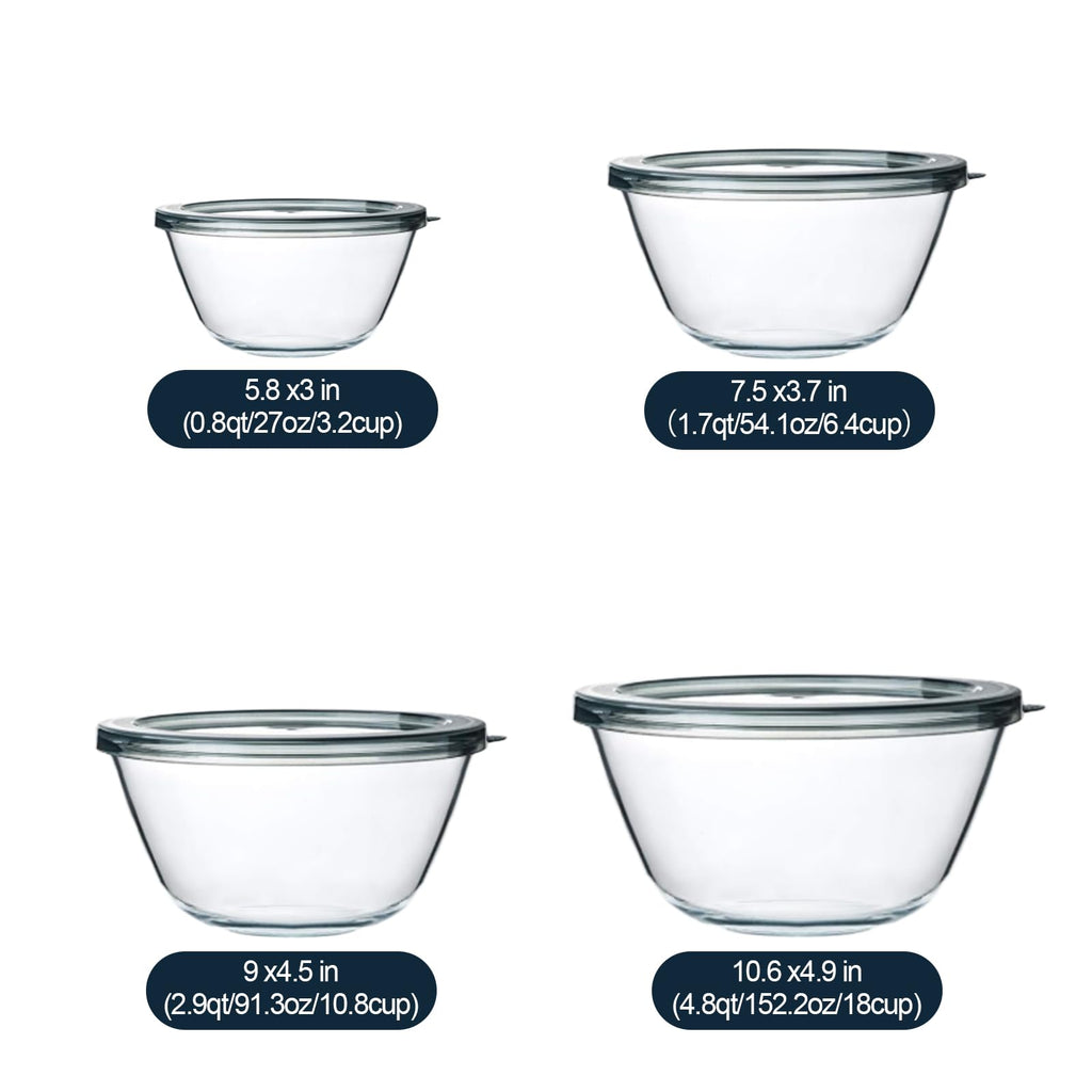 4 Packs Glass Mixing Bowls with Lids Set, 0.8/1.7/2.9/4.8 Qt