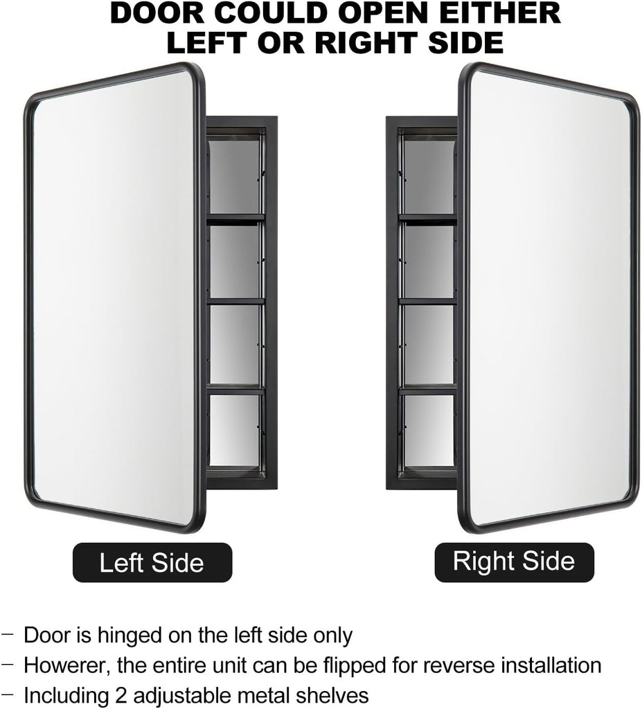17 x 27 Recessed Medicine Cabinet with Mirror, Surface Mount Black Medicine Cabinet , Stepless Adjustable Shelves