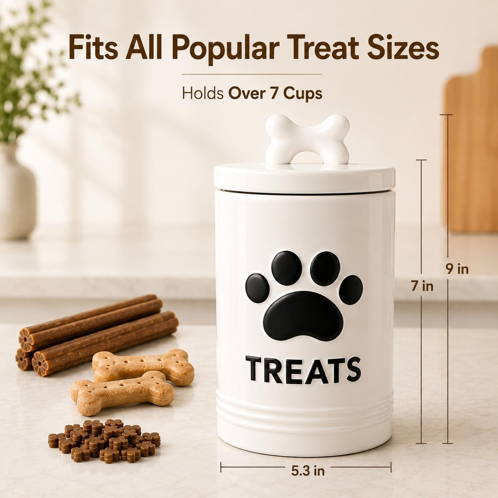 White Dog Treat Container, 5.3''×9.1'', with Airtight Lid, 7 Cups Capacity