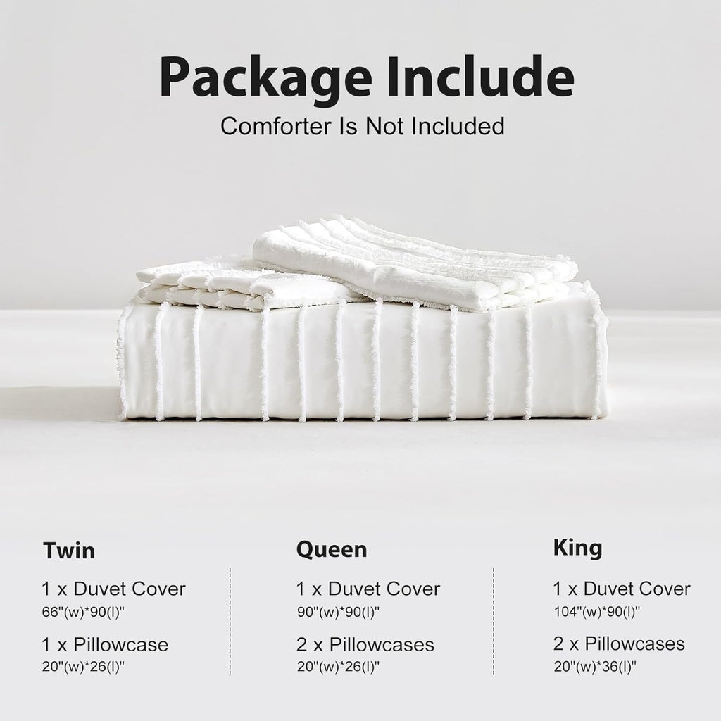 White Boho Duvet Cover Set King, Striped Textured Duvet Cover Tufted Bedding Set, 3 Pcs Ultra Soft Washed Microfiber