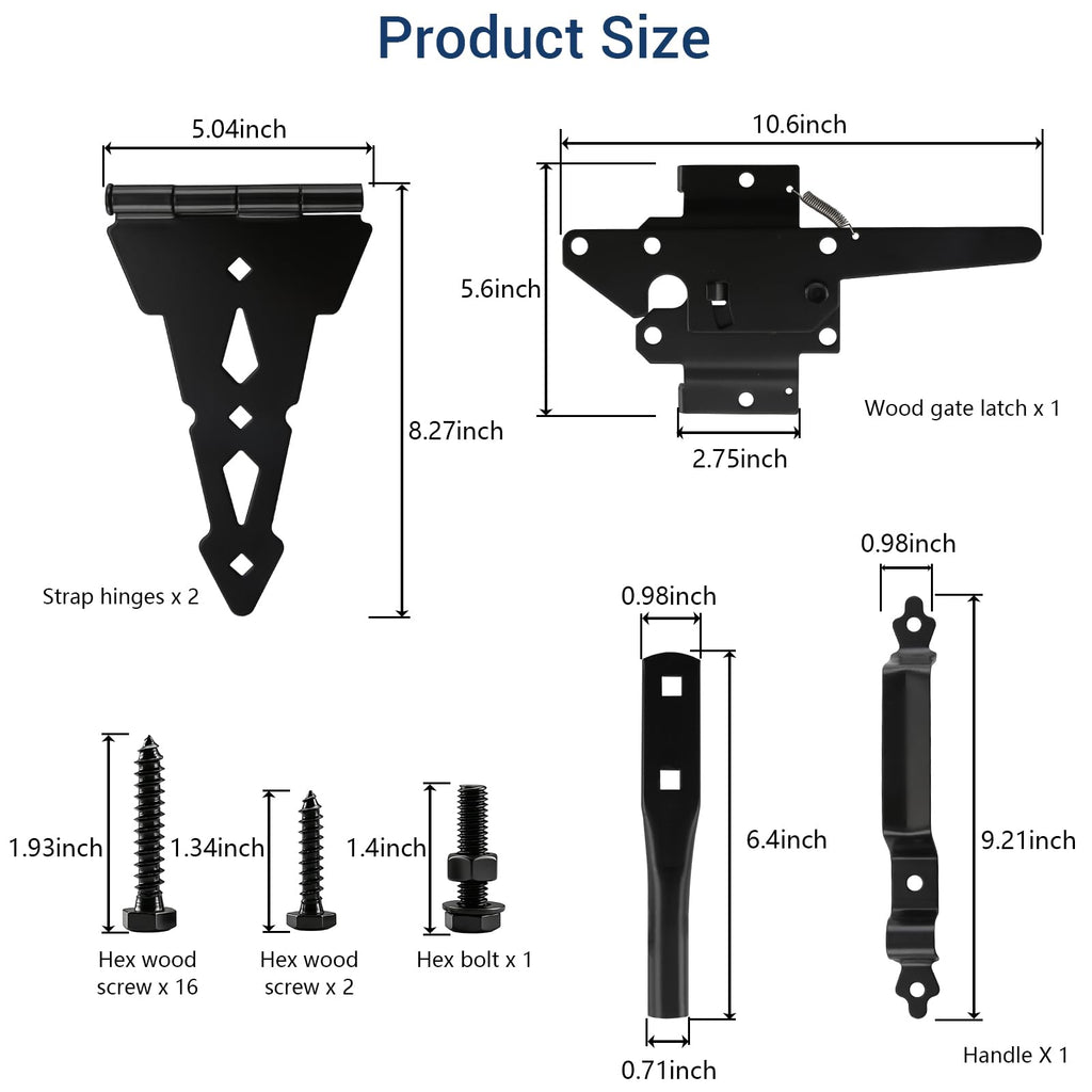 Fence Gate Hardware Kit, 8" Heavy Duty Strap Hinges and Spring Latch, Black