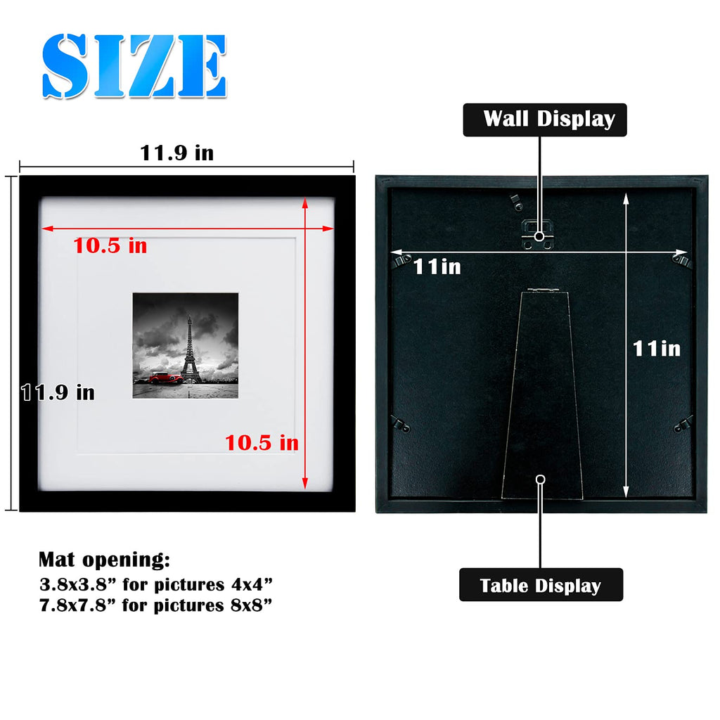 11x11 Picture Frames 4 PCS, Made of Solid Wood Covered by Plexiglass for Pictures 4x4/8x8 with Mat for Table Top