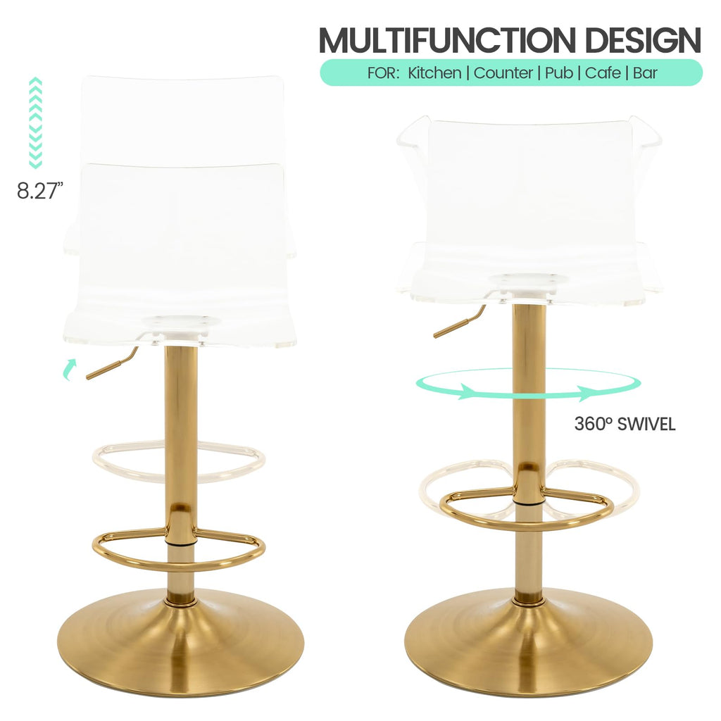 Acrylic Bar Stools with Mid Back Set of 2 Adjustable Swivel Clear Gold Base