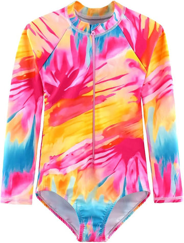 Girls Swimsuits One Pieces Long Sleeve Swimwear Zipper Rashguard Bathing Suits