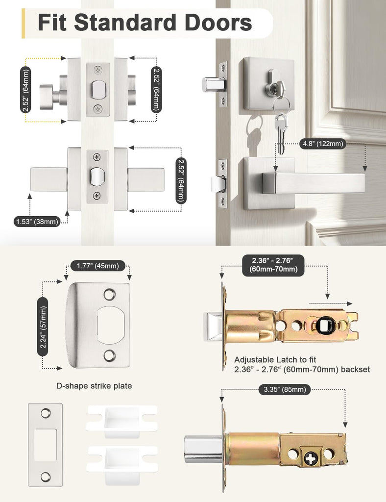 3 Pack Brushed Nickel Passage Door Lever with Single Cylinder Deadbolt, Exterior Square Door Handle with Deadbolt