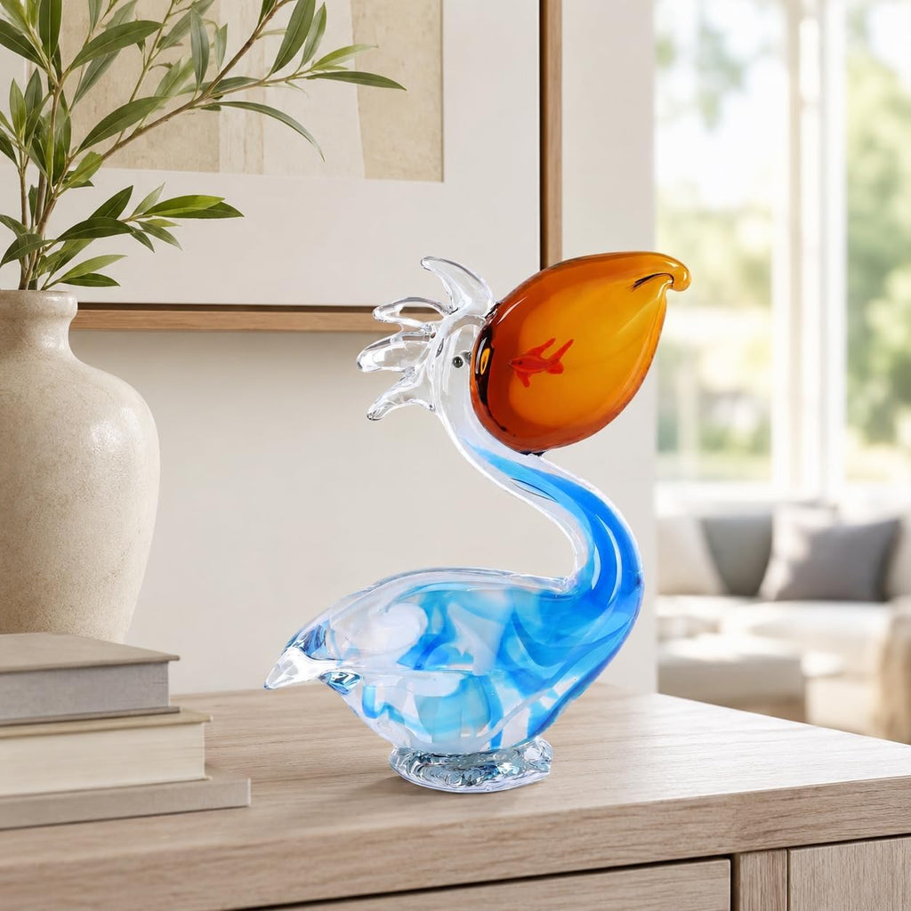 Pelican Figurine Hand Blown Glass Bird Sculpture, Pelican Statue Decor with Fish Detail Shelf Tabletop Display