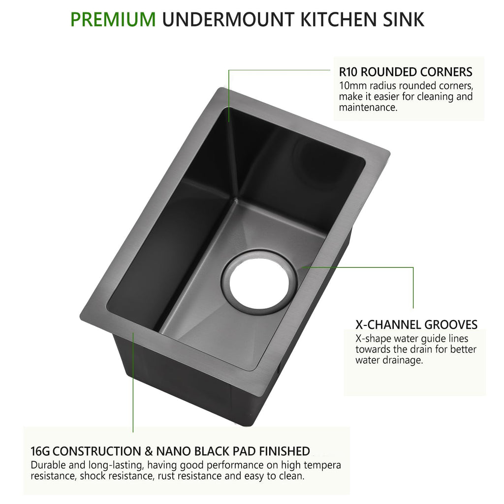9x15 Black Undermount Small Bar Sink, 9 Inch 16Gauge Undermount Black Small Kitchen Bar Sinks