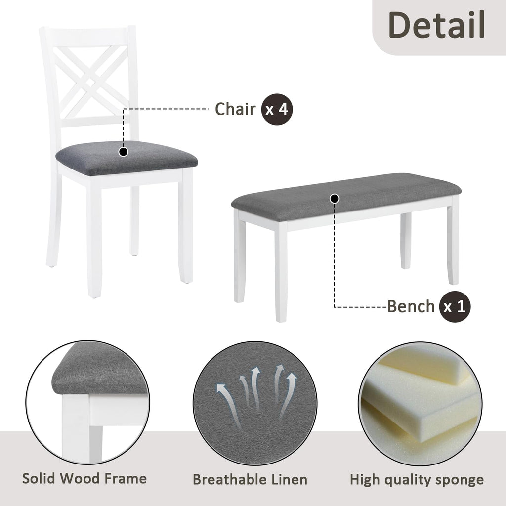 6 Piece Kitchen Dining Set, 58.5" Rectangular Rubber Wood Table with 4 Upholstered Chairs and Bench, Grey & White