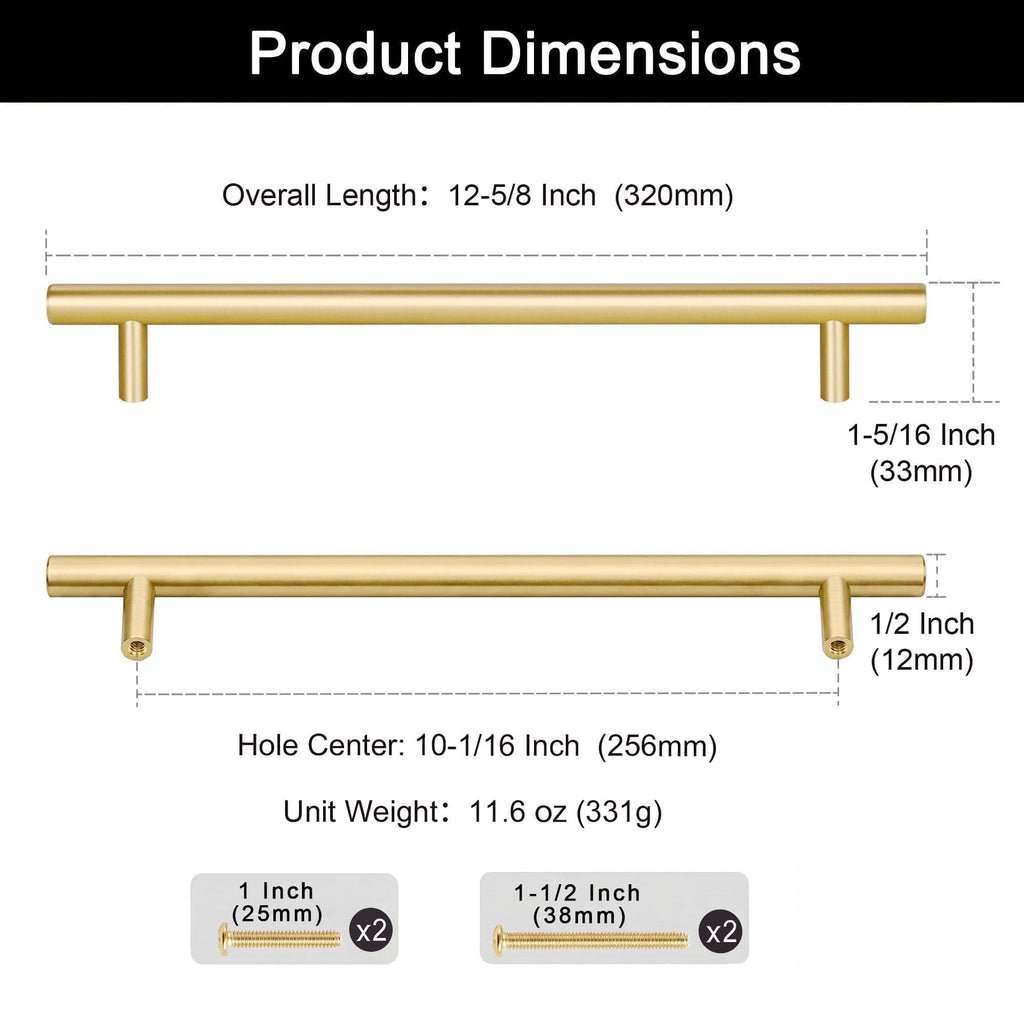 Solid Brass Long Cabinet Pulls, Gold Handles, 10-1/16 Inch
