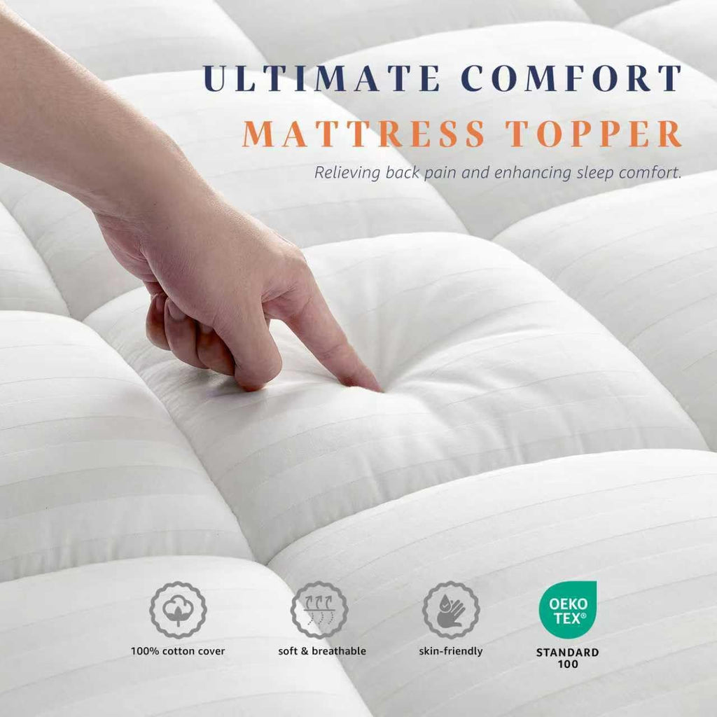 Queen Mattress Topper with 100% Breathable Cotton Top for Back Pain Relief | Ultra Soft Pillow Top Mattress Pad with