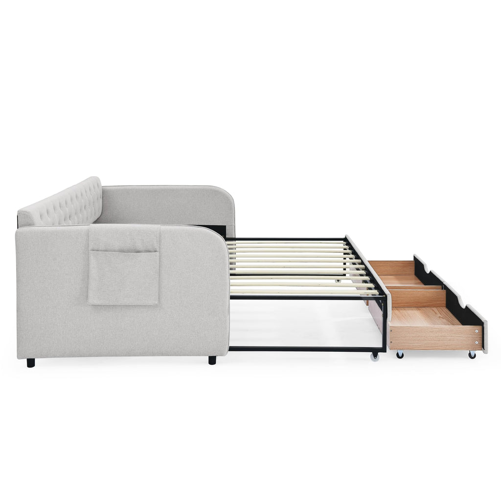 Twin to King Daybed Frame with Two Storage Drawers, Modern Upholstered Button Tufted Day Bed Nailhead Trim and Wood