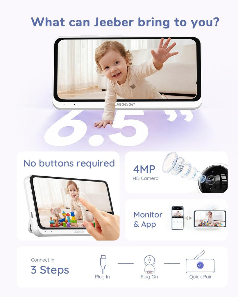 WiFi Baby Monitor with 6.5" Touchscreen, 4MP Camera, 5X Zoom