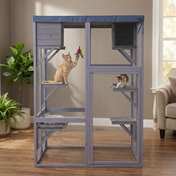 Outdoor Wooden Catio Multi-Functional Cat Enclosure, 4 Platforms & 2 Napping Houses, 2 Strong Locks, Rounded Corner