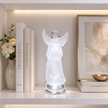 Christmas Angel Snow Globe Water Spinner LED Light Battery Operated Glitter Angel Figurine 12.8" Tabletop Christmas