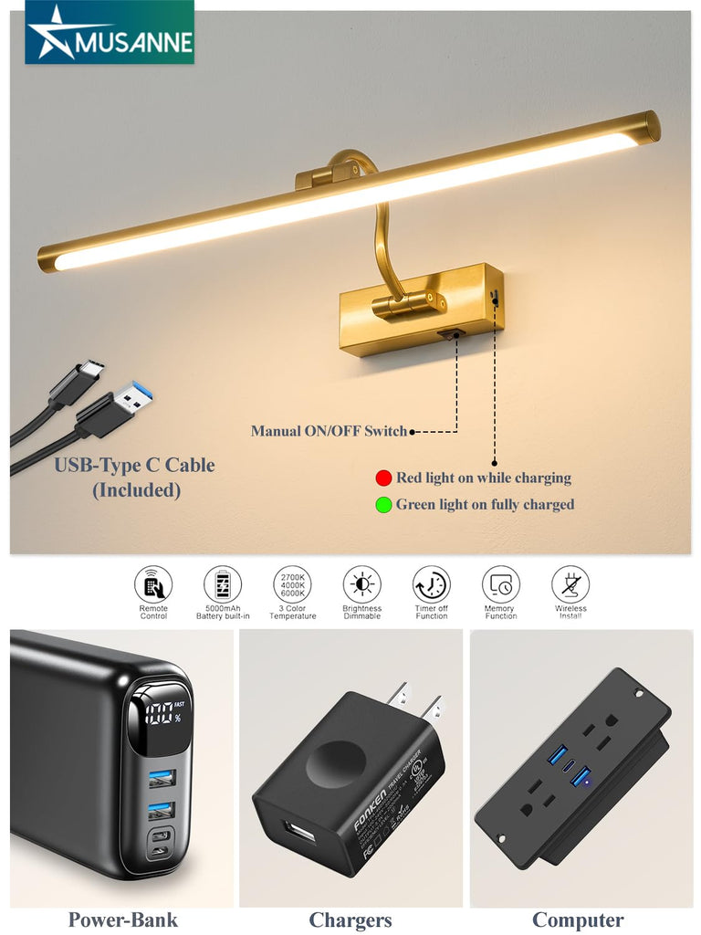 Wireless Rechargeable Picture Light for Wall, 24 Inch Battery Operated Art Lighting with Remote, 3CCT Dimmable &