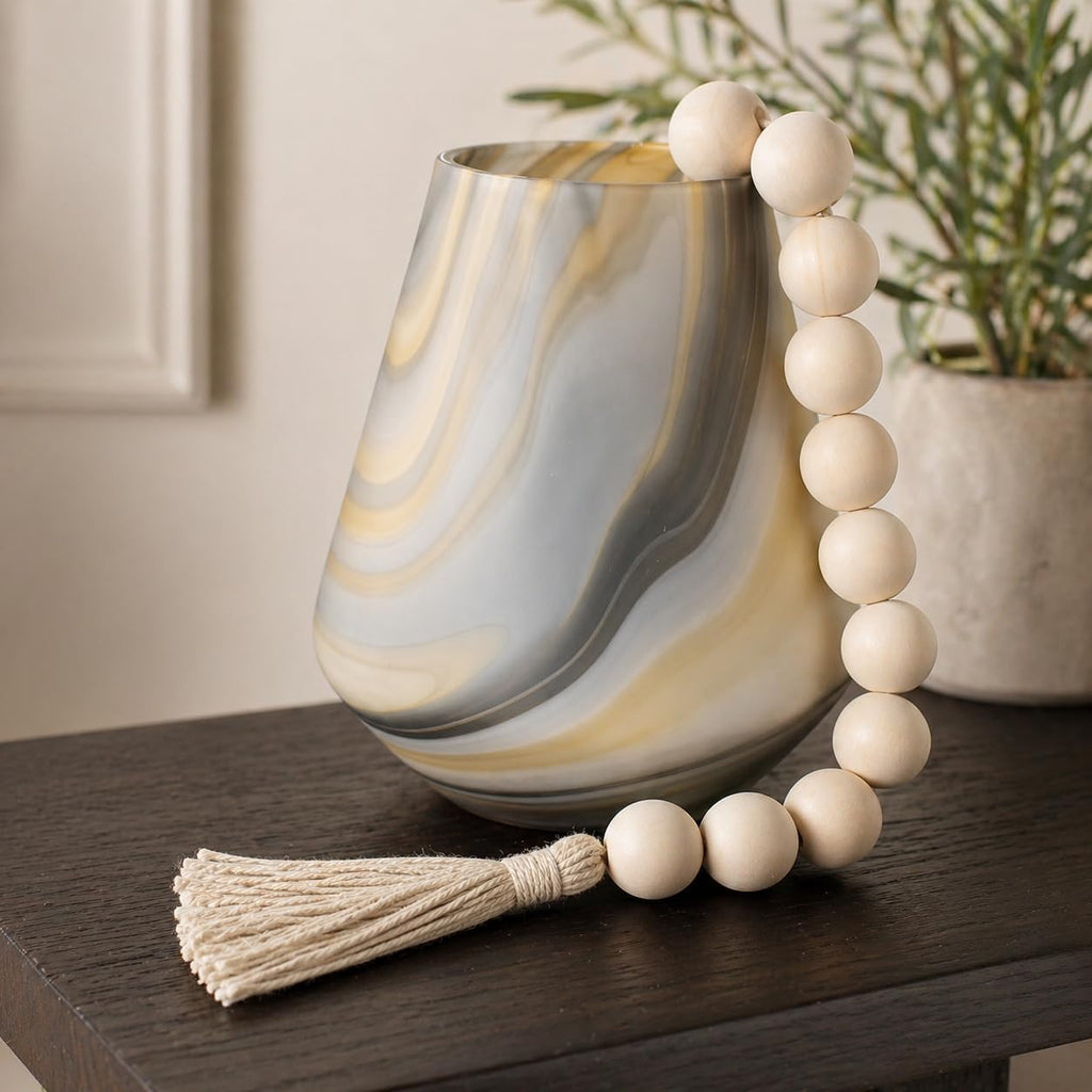 Extra Large Wood Bead Garland with 1.6" Diameter Wooden Beads and Tassels, 41" Long Rustic Farmhouse Country