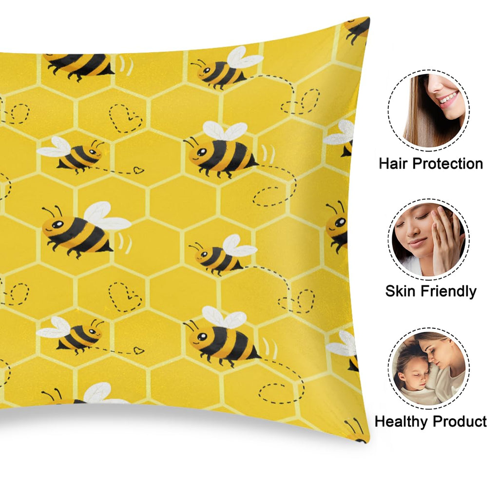 Satin Pillowcase for Hair and Skin, Standard Size Yellow Honeycomb Bee Pattern Decorative Pillow Sham with Envelope