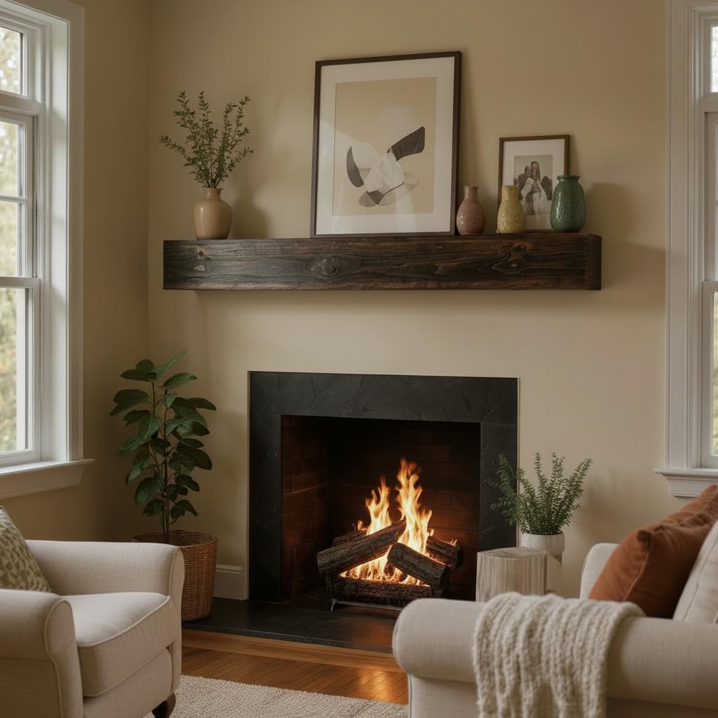 U Pick Size & Finish Rustic Wood Beam Floating Shelf Fireplace Mantel