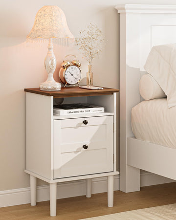 Nightstand, Boho Night Stand with 1 Drawer, Modern Side Accent Table with Open Shelf, Wooden Top Bedside End Table