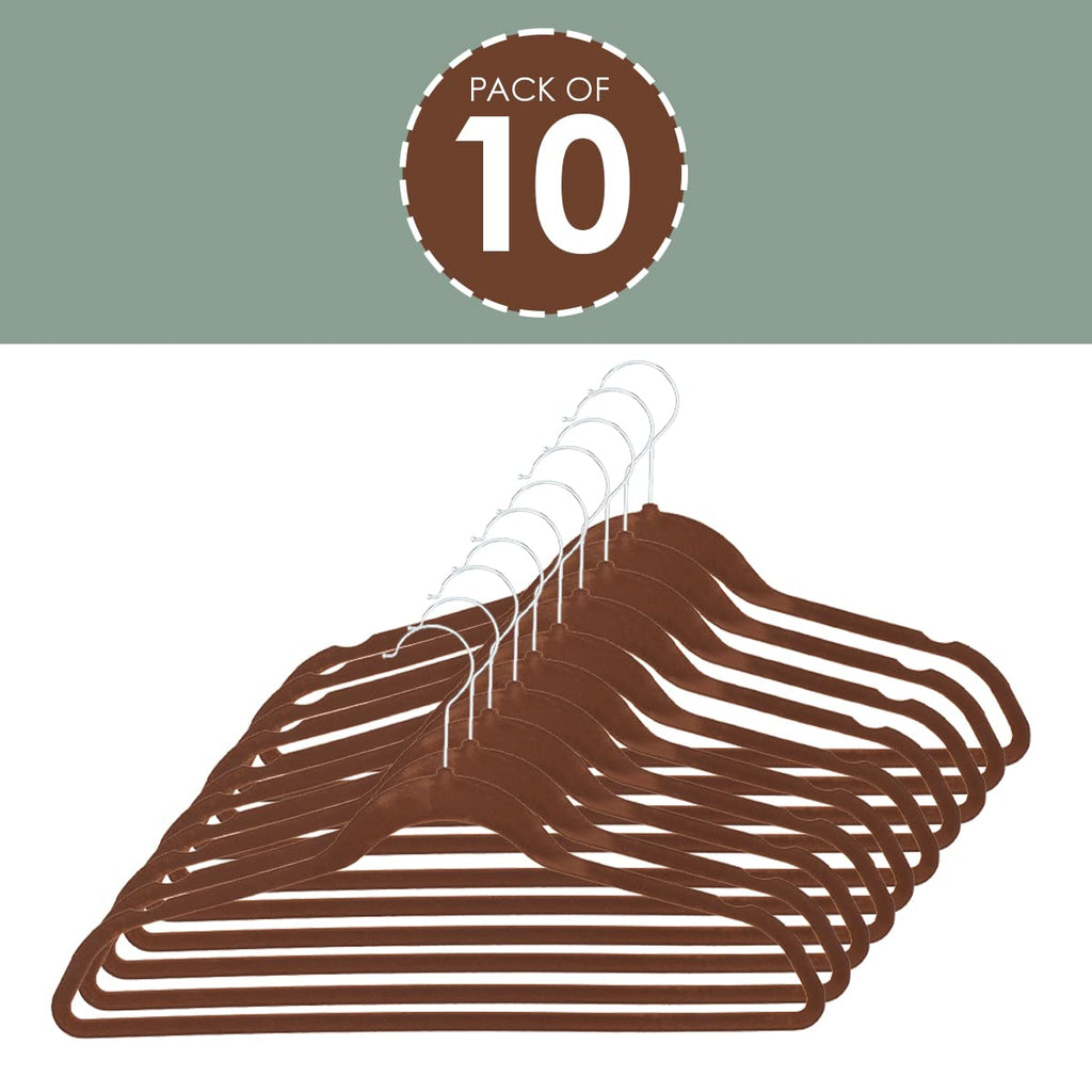 Velvet Clothes Hangers (Pack of 10), Brown, by | Felt Hangers for Tops, Jackets, Dresses, and Pants | Contoured